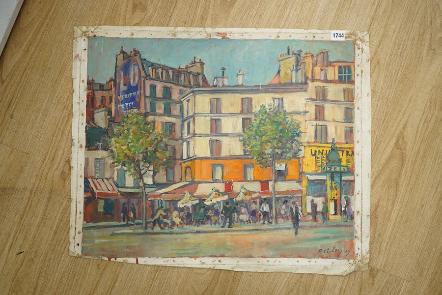 Llewellyn Petley-Jones (1908-1986), oil on unstretched canvas, French street scene, ‘Rue Vaugirard et Bld du Montparnasse’, signed and dated '59, inscribed verso, 49 x 60cm